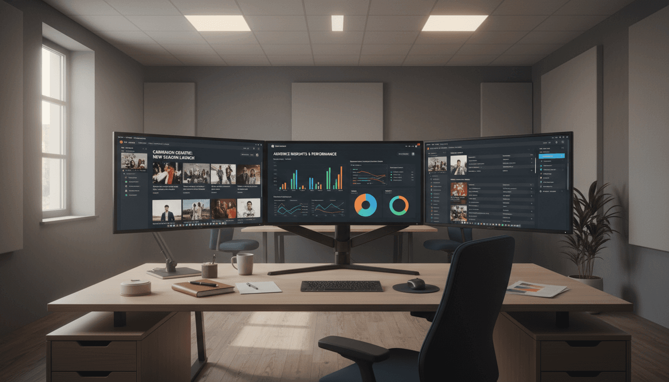 Professional workspace with multiple monitors displaying Meta Ads platforms and analytics dashboards