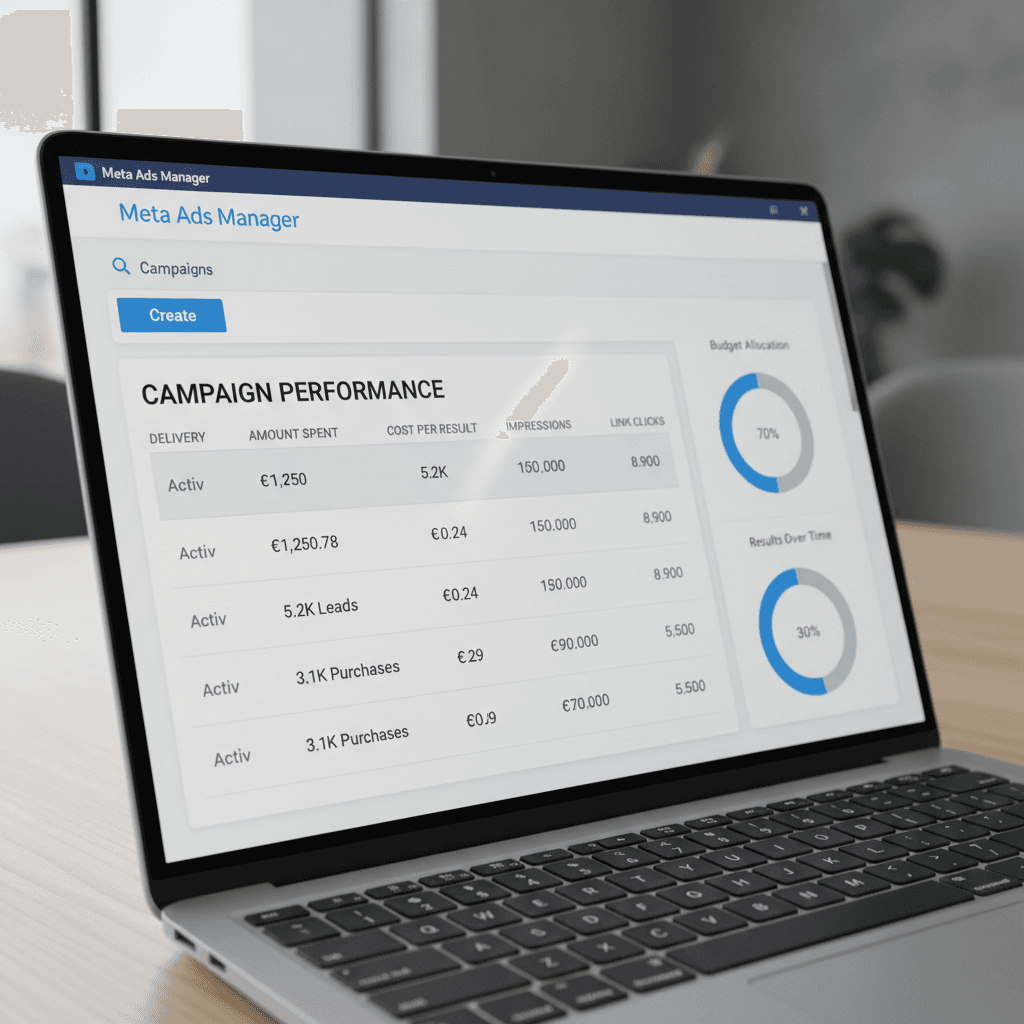 Meta Ads Manager dashboard showing campaign performance metrics and budget allocation