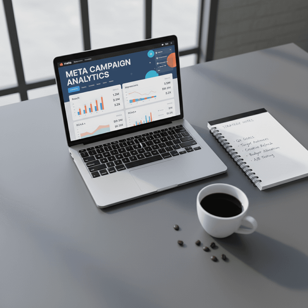 Meta advertising dashboard on laptop with campaign analytics and strategy notes