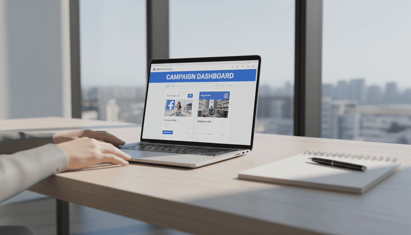 Professional workspace with Meta advertising platforms open on laptop