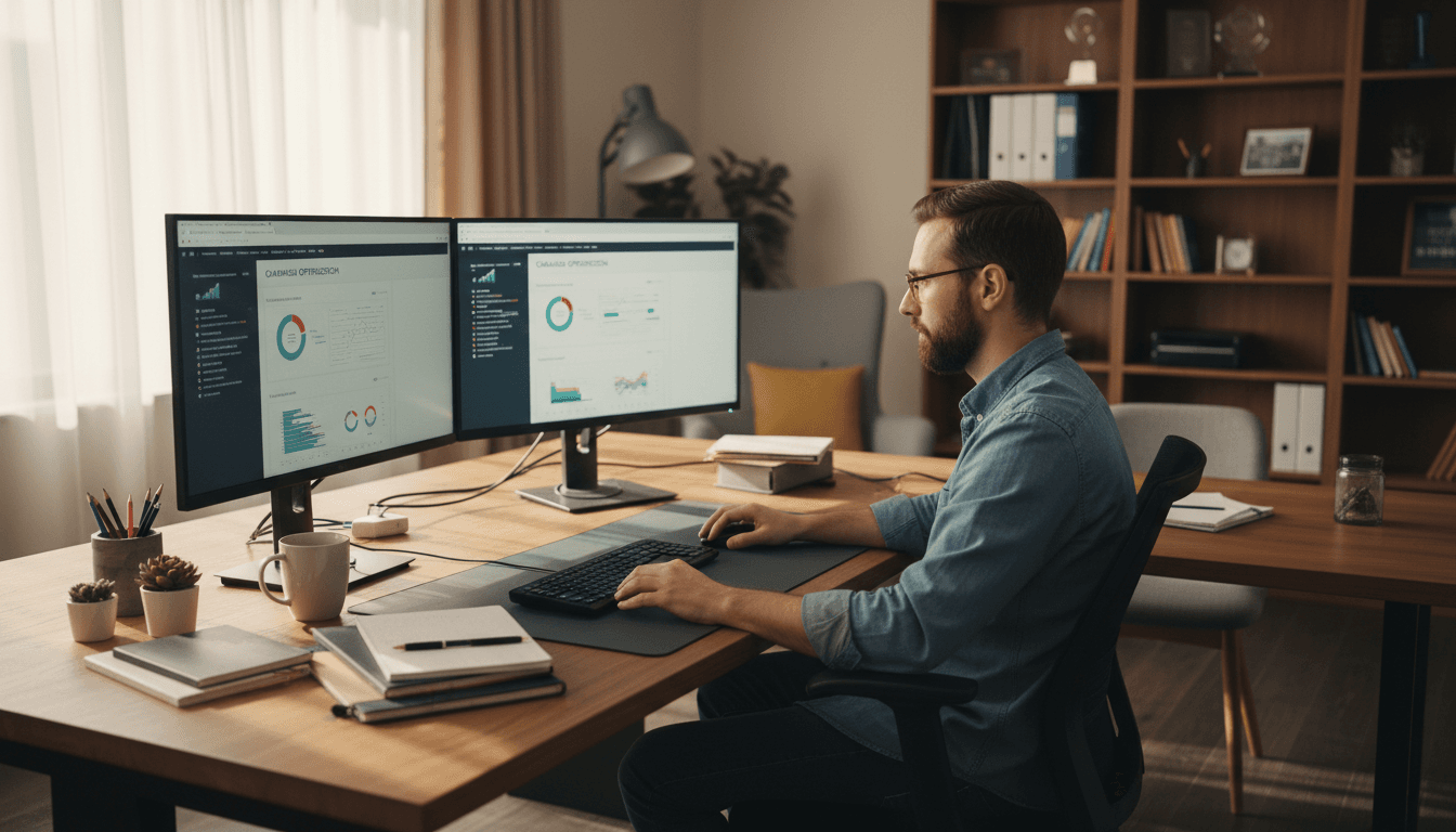 Professional working at desk managing Meta advertising campaigns in modern agency workspace